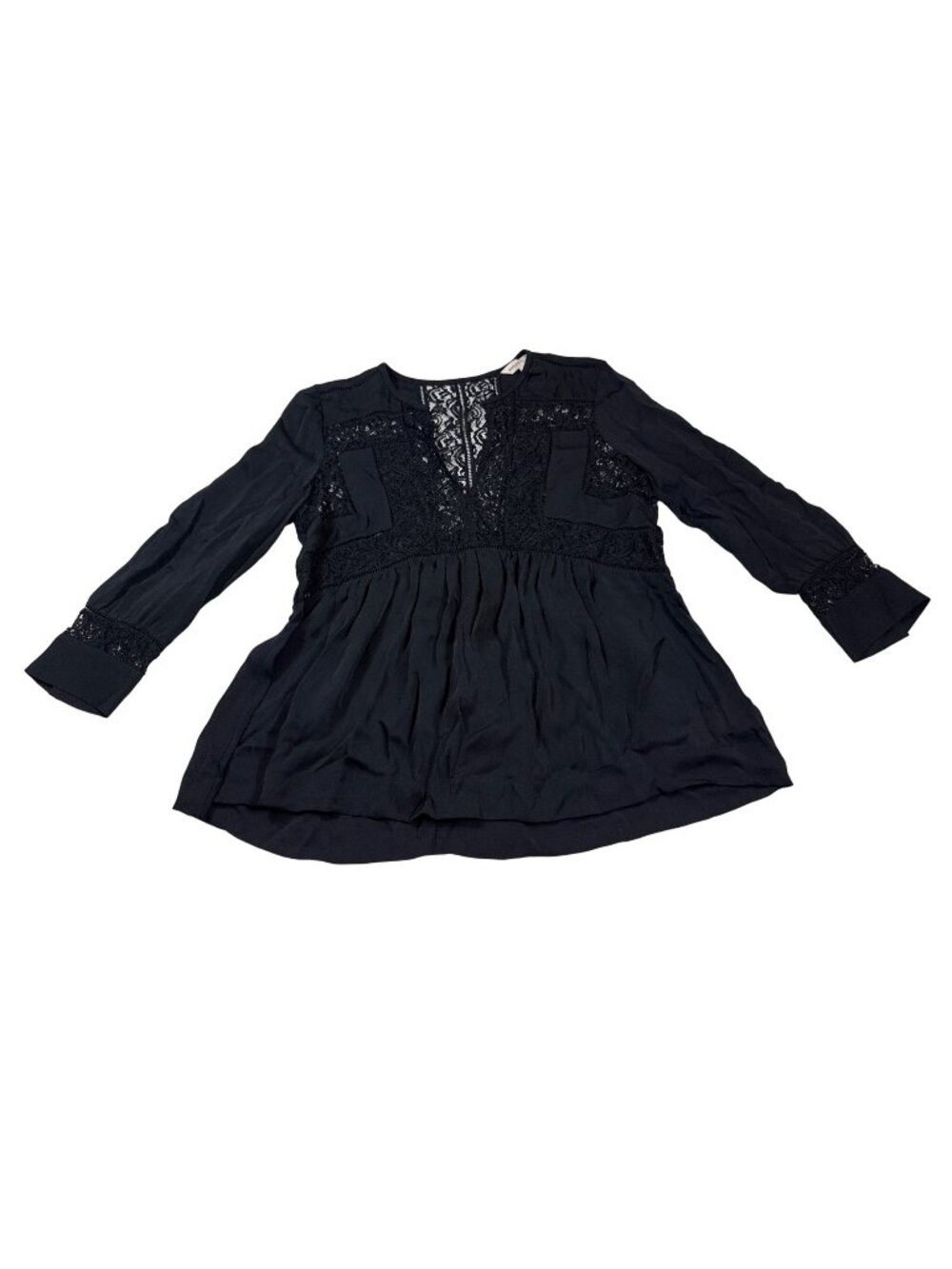 Rebecca Taylor Black Long Sleeve Silk Lace Panel Blouse Size 6 (X924)
